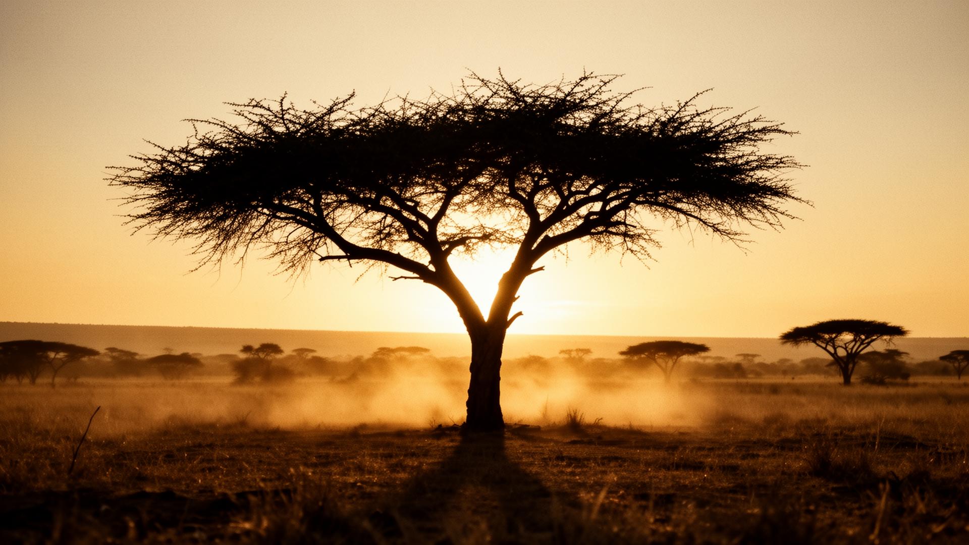 Lone acacia tree silhouetted against a golden Tanzanian sunset